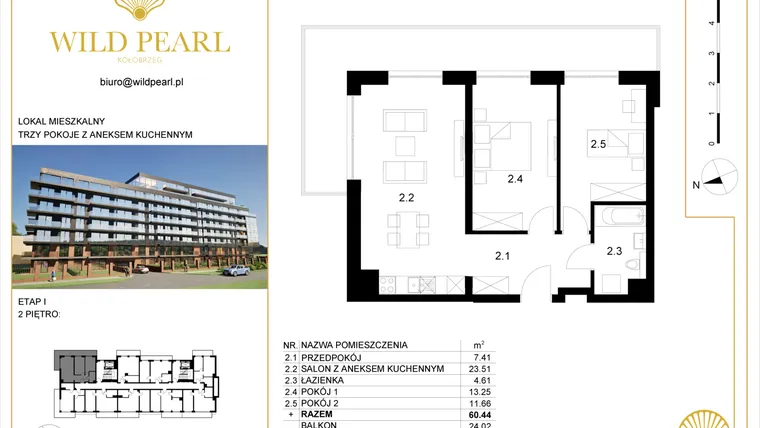 Rzut - Mieszkanie na sprzedaż 3 pokoje o powierzchni 60,44 m² - numer 2.2 w Wild Pearl