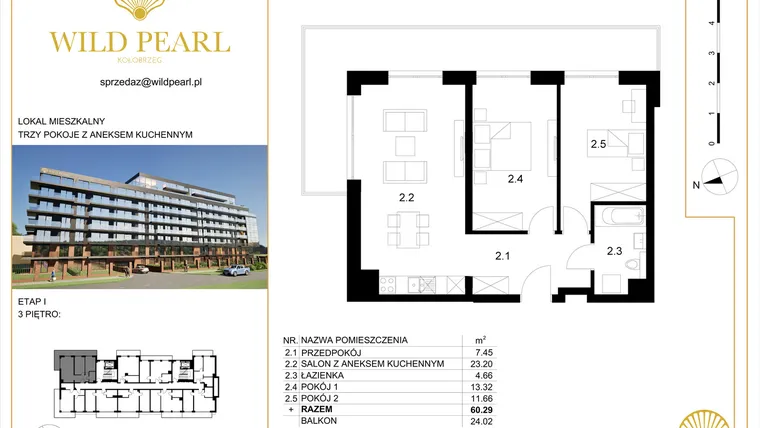Rzut - Mieszkanie na sprzedaż 3 pokoje o powierzchni 60,29 m² - numer 25 w Wild Pearl