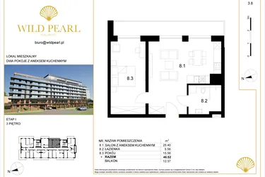 Rzut - Mieszkanie na sprzedaż 2 pokoje o powierzchni 46,52 m² - numer 3.8 w Wild Pearl