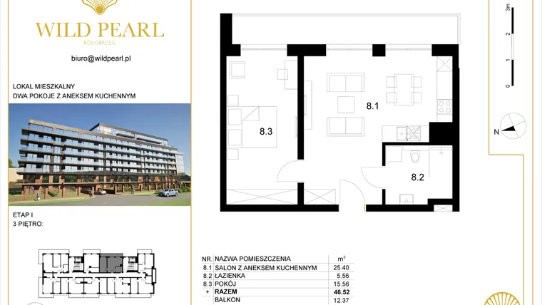 Rzut - Mieszkanie na sprzedaż 2 pokoje o powierzchni 46,52 m² - numer 3.8 w Wild Pearl