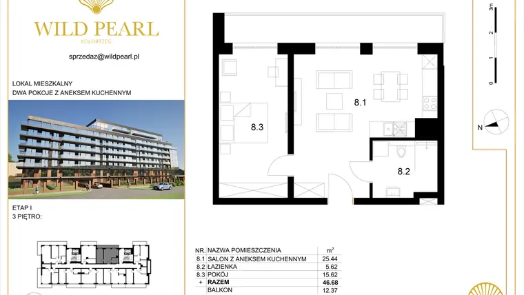 Rzut - Mieszkanie na sprzedaż 2 pokoje o powierzchni 46,68 m² - numer 32 w Wild Pearl