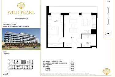 Rzut - Mieszkanie na sprzedaż 2 pokoje o powierzchni 46,52 m² - numer 4.8 w Wild Pearl