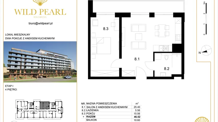 Rzut - Mieszkanie na sprzedaż 2 pokoje o powierzchni 46,52 m² - numer 4.8 w Wild Pearl