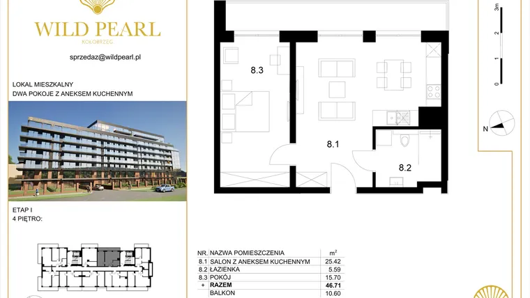 Rzut - Mieszkanie na sprzedaż 2 pokoje o powierzchni 46,71 m² - numer 41 w Wild Pearl