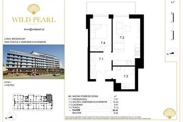 Rzut - Mieszkanie na sprzedaż 2 pokoje o powierzchni 38,43 m² - numer 4.7 w Wild Pearl