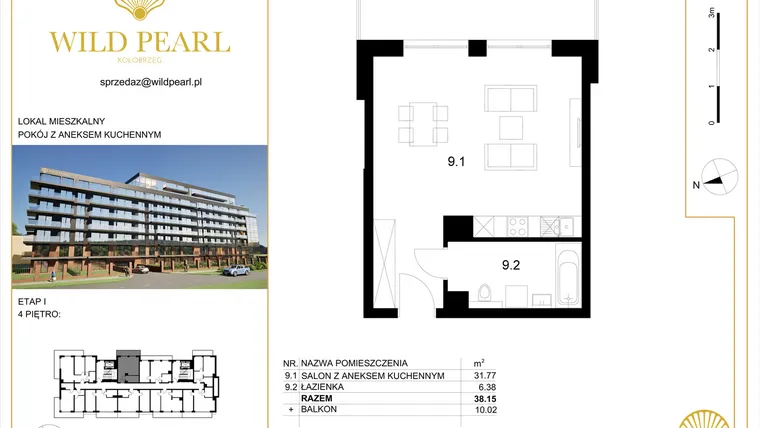 Rzut - Mieszkanie na sprzedaż 1 pokój o powierzchni 38,15 m² - numer 42 w Wild Pearl