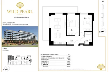 Rzut - Mieszkanie na sprzedaż 3 pokoje o powierzchni 60,18 m² - numer 43 w Wild Pearl