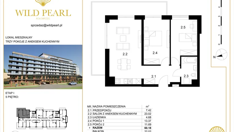 Rzut - Mieszkanie na sprzedaż 3 pokoje o powierzchni 60,18 m² - numer 43 w Wild Pearl