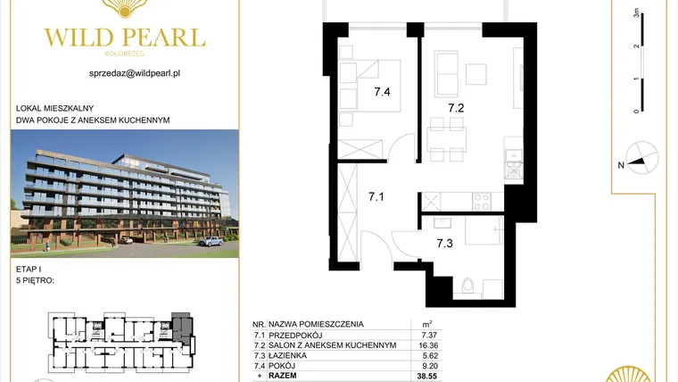 Rzut - Mieszkanie na sprzedaż 2 pokoje o powierzchni 38,55 m² - numer 49 w Wild Pearl