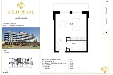 Rzut - Mieszkanie na sprzedaż 1 pokój o powierzchni 37,83 m² - numer 5.9 w Wild Pearl