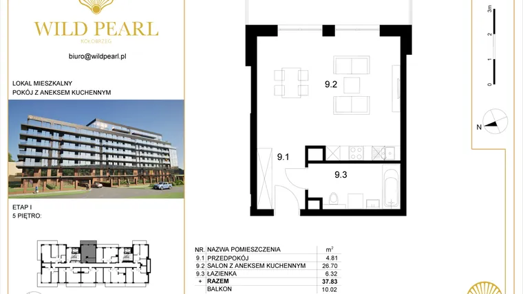 Rzut - Mieszkanie na sprzedaż 1 pokój o powierzchni 37,83 m² - numer 5.9 w Wild Pearl