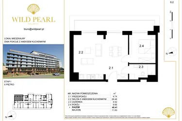 Rzut - Mieszkanie na sprzedaż 2 pokoje o powierzchni 45,41 m² - numer 6.2 w Wild Pearl