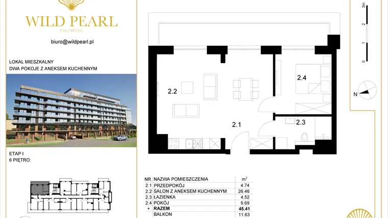 Rzut - Mieszkanie na sprzedaż 2 pokoje o powierzchni 45,41 m² - numer 6.2 w Wild Pearl