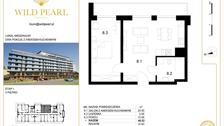 Rzut - Mieszkanie na sprzedaż 2 pokoje o powierzchni 46,52 m² - numer 5.8 w Wild Pearl
