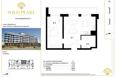 Rzut - Mieszkanie na sprzedaż 2 pokoje o powierzchni 46,81 m² - numer 50 w Wild Pearl