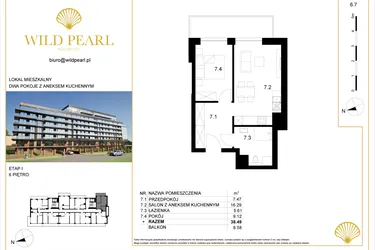 Rzut - Mieszkanie na sprzedaż 2 pokoje o powierzchni 38,49 m² - numer 6.7 w Wild Pearl
