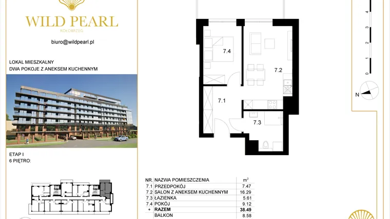 Rzut - Mieszkanie na sprzedaż 2 pokoje o powierzchni 38,49 m² - numer 6.7 w Wild Pearl