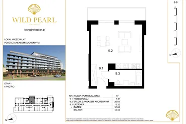 Rzut - Mieszkanie na sprzedaż 1 pokój o powierzchni 37,82 m² - numer 6.9 w Wild Pearl