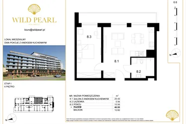 Rzut - Mieszkanie na sprzedaż 2 pokoje o powierzchni 46,55 m² - numer 6.8 w Wild Pearl