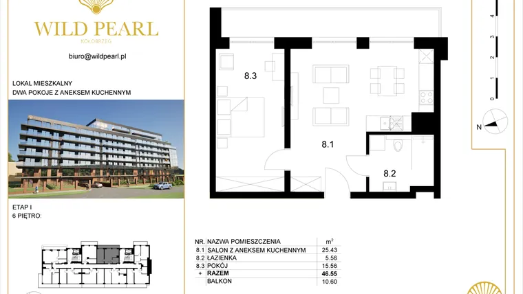 Rzut - Mieszkanie na sprzedaż 2 pokoje o powierzchni 46,55 m² - numer 6.8 w Wild Pearl