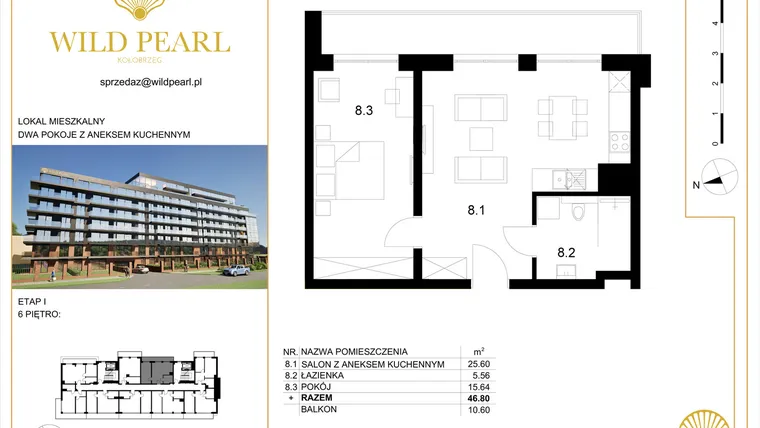 Rzut - Mieszkanie na sprzedaż 2 pokoje o powierzchni 46,8 m² - numer 59 w Wild Pearl