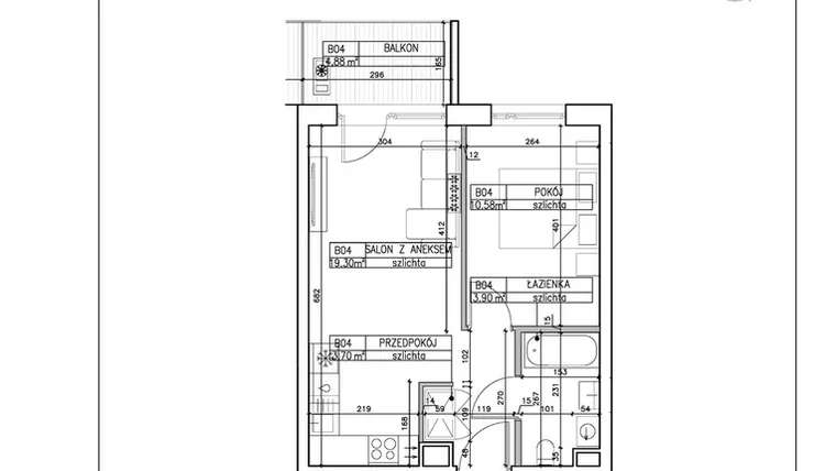 Rzut - Mieszkanie na sprzedaż 2 pokoje o powierzchni 37,48 m² - numer B4 w Symfonia - Chodkiewicza 9