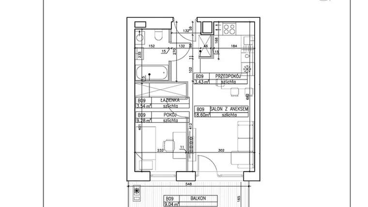 Rzut - Mieszkanie na sprzedaż 2 pokoje o powierzchni 34,85 m² - numer B9 w Symfonia - Chodkiewicza 9