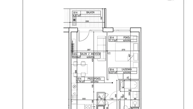 Rzut - Mieszkanie na sprzedaż 2 pokoje o powierzchni 38,61 m² - numer B14 w Symfonia - Chodkiewicza 9
