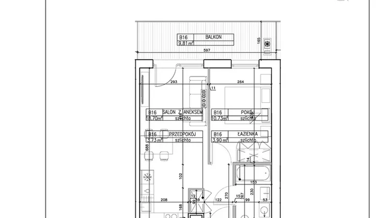 Rzut - Mieszkanie na sprzedaż 2 pokoje o powierzchni 37,06 m² - numer B16 w Symfonia - Chodkiewicza 9