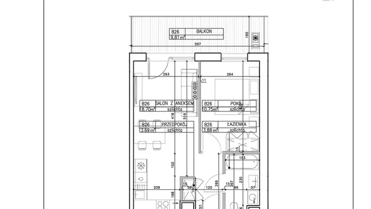 Rzut - Mieszkanie na sprzedaż 2 pokoje o powierzchni 37,02 m² - numer B26 w Symfonia - Chodkiewicza 9