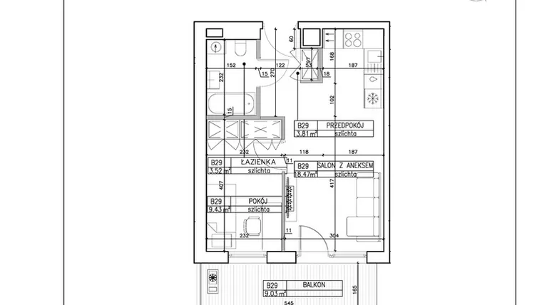 Rzut - Mieszkanie na sprzedaż 2 pokoje o powierzchni 35,23 m² - numer B29 w Symfonia - Chodkiewicza 9