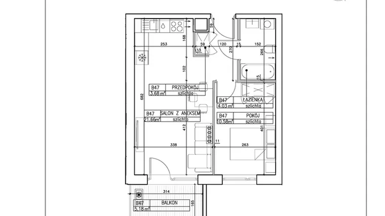 Rzut - Mieszkanie na sprzedaż 2 pokoje o powierzchni 39,95 m² - numer B47 w Symfonia - Chodkiewicza 9