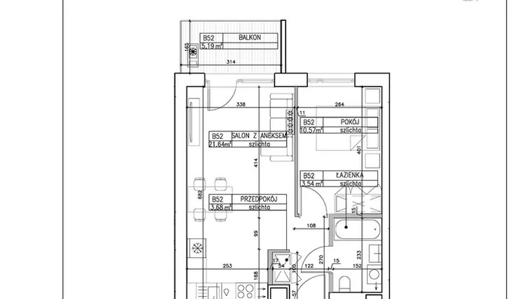 Rzut - Mieszkanie na sprzedaż 2 pokoje o powierzchni 39,43 m² - numer B52 w Symfonia - Chodkiewicza 9