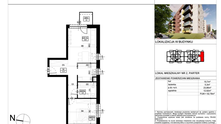 Rzut - Mieszkanie na sprzedaż 2 pokoje o powierzchni 52,78 m² - numer A.2 w Wólczańska 248 - etap II