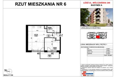 Rzut - Mieszkanie na sprzedaż 2 pokoje o powierzchni 49,58 m² - numer A.6 w Wólczańska 248 - etap II