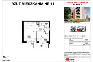 Rzut - Mieszkanie na sprzedaż 2 pokoje o powierzchni 49,25 m² - numer A.11 w Wólczańska 248 - etap II