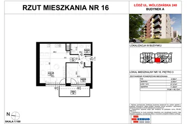 Rzut - Mieszkanie na sprzedaż 2 pokoje o powierzchni 49,12 m² - numer A.16 w Wólczańska 248 - etap II