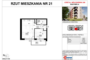 Rzut - Mieszkanie na sprzedaż 2 pokoje o powierzchni 49 m² - numer A.21 w Wólczańska 248 - etap II