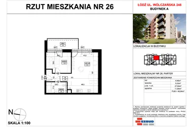 Rzut - Mieszkanie na sprzedaż 2 pokoje o powierzchni 48,84 m² - numer A.26 w Wólczańska 248 - etap II