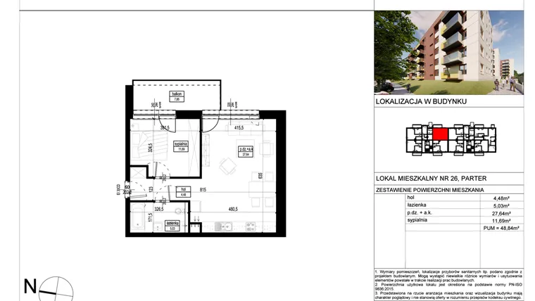 Rzut - Mieszkanie na sprzedaż 2 pokoje o powierzchni 48,84 m² - numer A.26 w Wólczańska 248 - etap II
