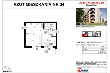 Rzut - Mieszkanie na sprzedaż 2 pokoje o powierzchni 49,24 m² - numer A.34 w Wólczańska 248 - etap II