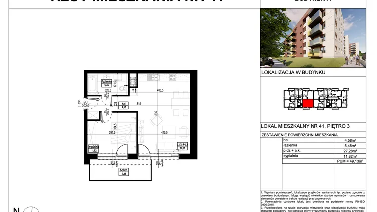 Rzut - Mieszkanie na sprzedaż 2 pokoje o powierzchni 49,13 m² - numer A.41 w Wólczańska 248 - etap II