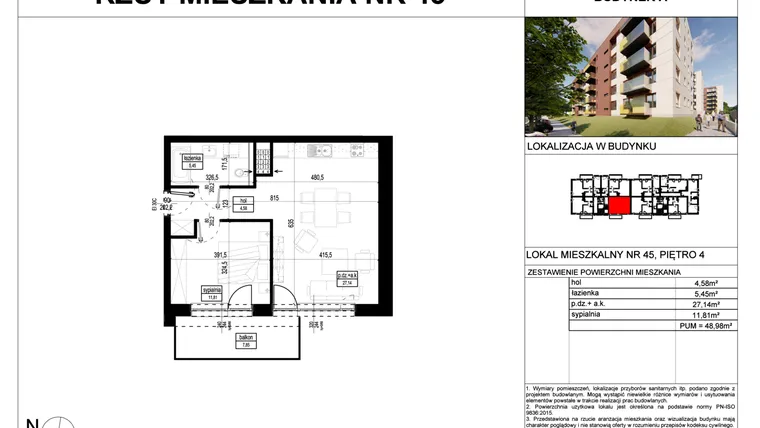 Rzut - Mieszkanie na sprzedaż 2 pokoje o powierzchni 48,98 m² - numer A.45 w Wólczańska 248 - etap II