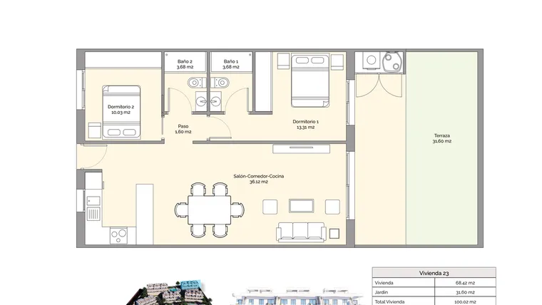 Rzut - Mieszkanie na sprzedaż 2 pokoje o powierzchni 100,02 m² - numer PB-23 w Apartamenty w Finestrat - 28237980