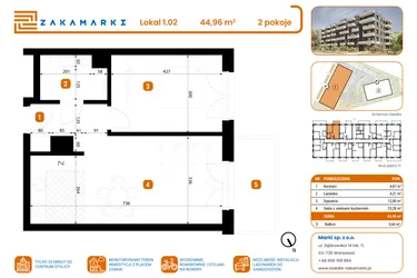 Rzut - Mieszkanie na sprzedaż 2 pokoje o powierzchni 44,96 m² - numer B1/1/02 w Zakamarki