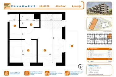 Rzut - Mieszkanie na sprzedaż 2 pokoje o powierzchni 48,48 m² - numer B1/1/06 w Zakamarki