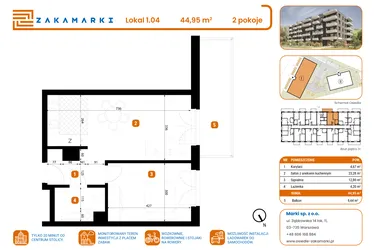 Rzut - Mieszkanie na sprzedaż 2 pokoje o powierzchni 44,95 m² - numer B1/1/04 w Zakamarki