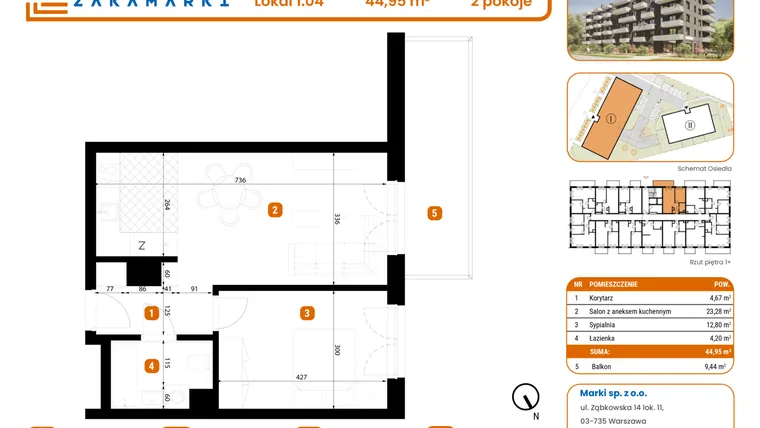Rzut - Mieszkanie na sprzedaż 2 pokoje o powierzchni 44,95 m² - numer B1/1/04 w Zakamarki