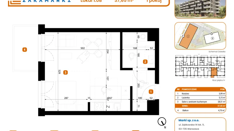 Rzut - Mieszkanie na sprzedaż 1 pokój o powierzchni 37,65 m² - numer B1/1/08 w Zakamarki
