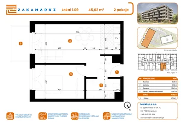 Rzut - Mieszkanie na sprzedaż 2 pokoje o powierzchni 45,62 m² - numer B1/1/09 w Zakamarki